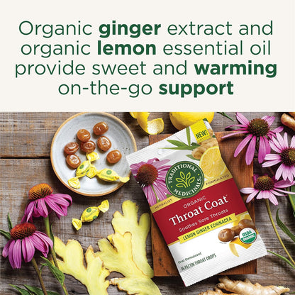 Throat Coat Organic Pectin Throat Drops, Lemon Ginger Echinacea, Soothes Sore Throats, 16Ct.