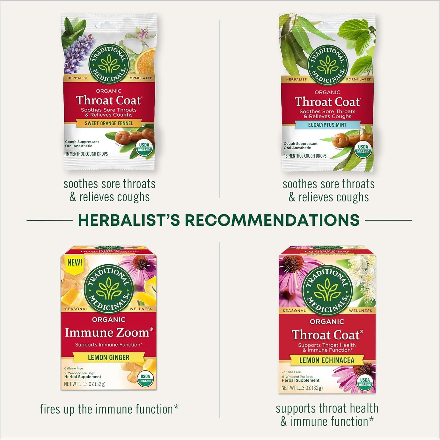 Throat Coat Organic Pectin Throat Drops, Lemon Ginger Echinacea, Soothes Sore Throats, 16Ct.