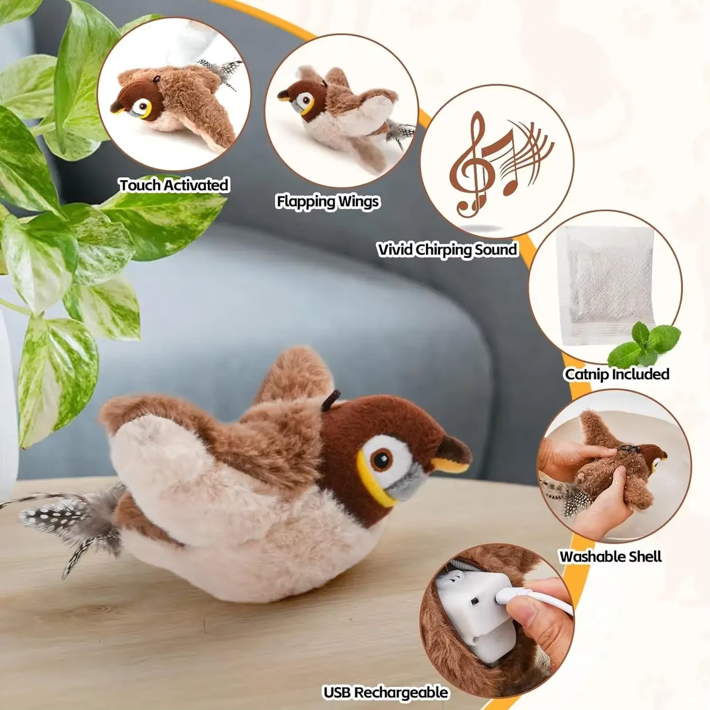 FlutterChirp Cat Toy – Rechargeable Flapping Bird with Catnip & Realistic Sounds