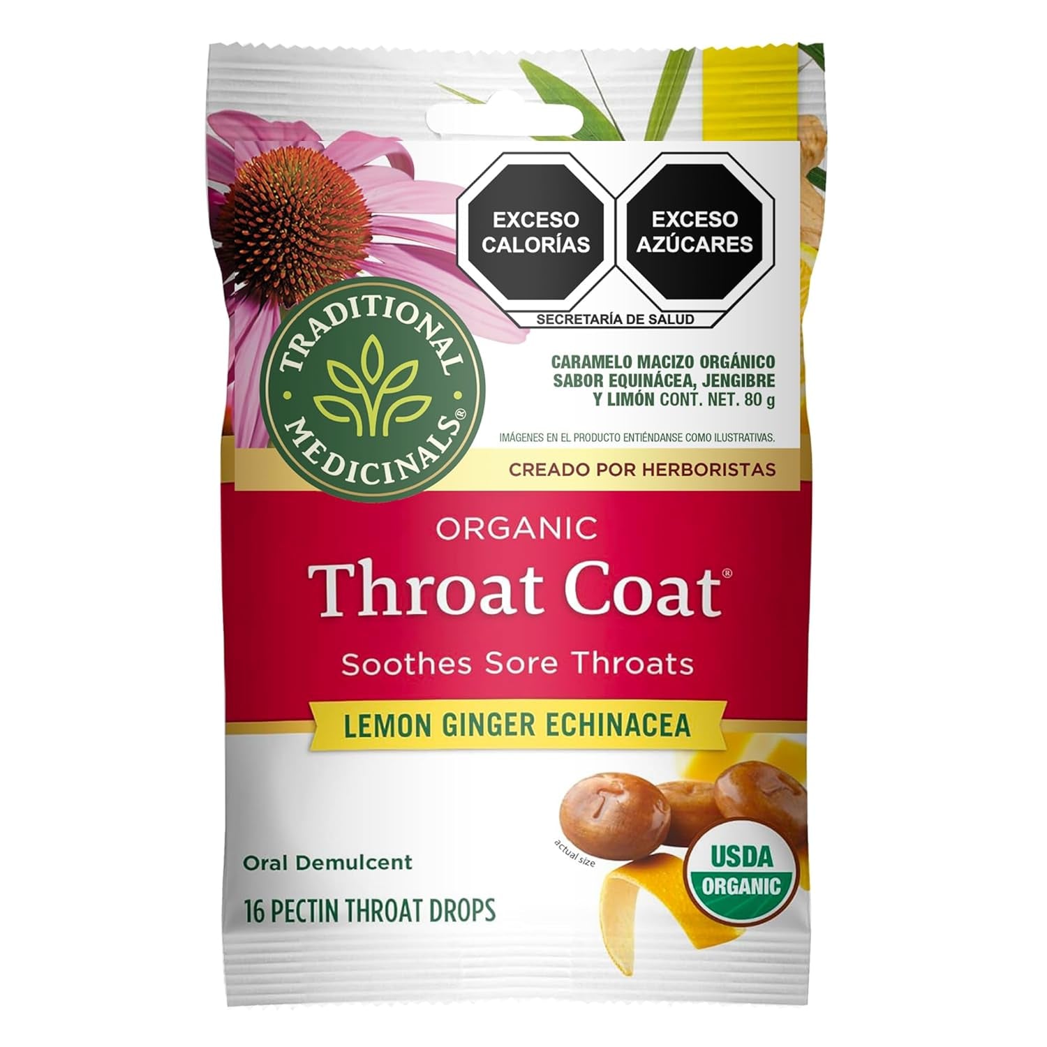 Throat Coat Organic Pectin Throat Drops, Lemon Ginger Echinacea, Soothes Sore Throats, 16Ct.